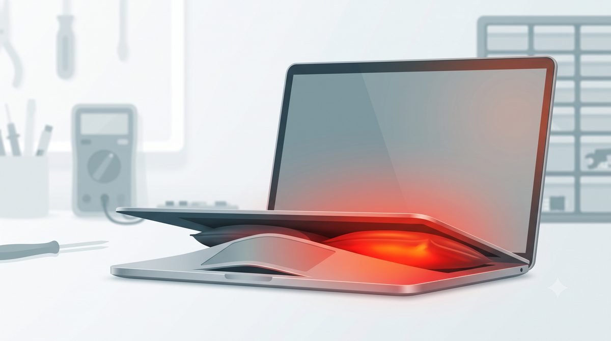 Illustration of a swollen laptop battery lifting the trackpad as a safety warning