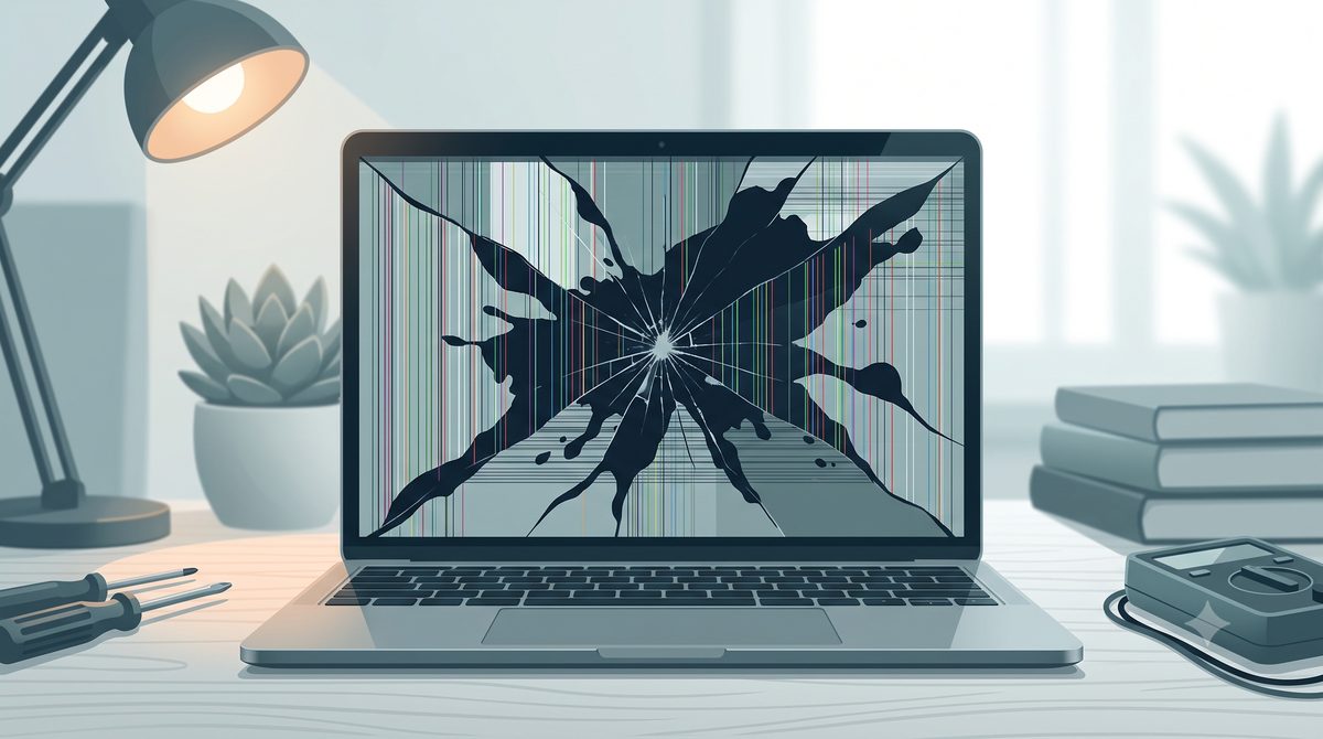 Illustration of a thin laptop with a cracked, bonded Retina-style display