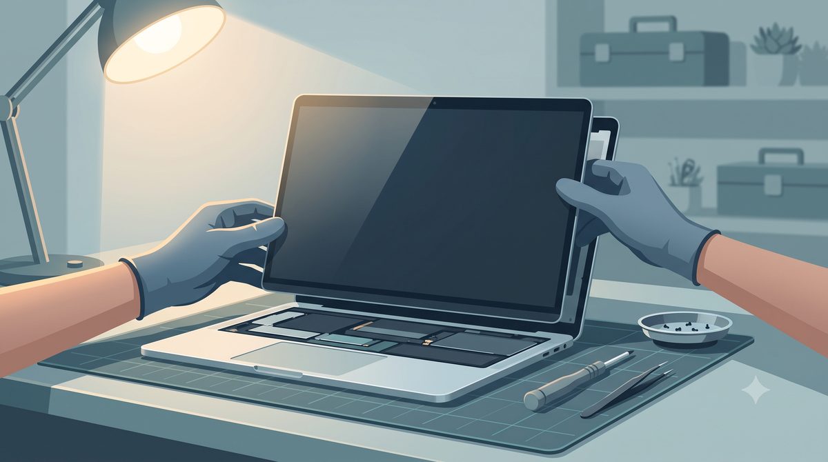Illustration of a bonded display assembly being fitted to a thin laptop