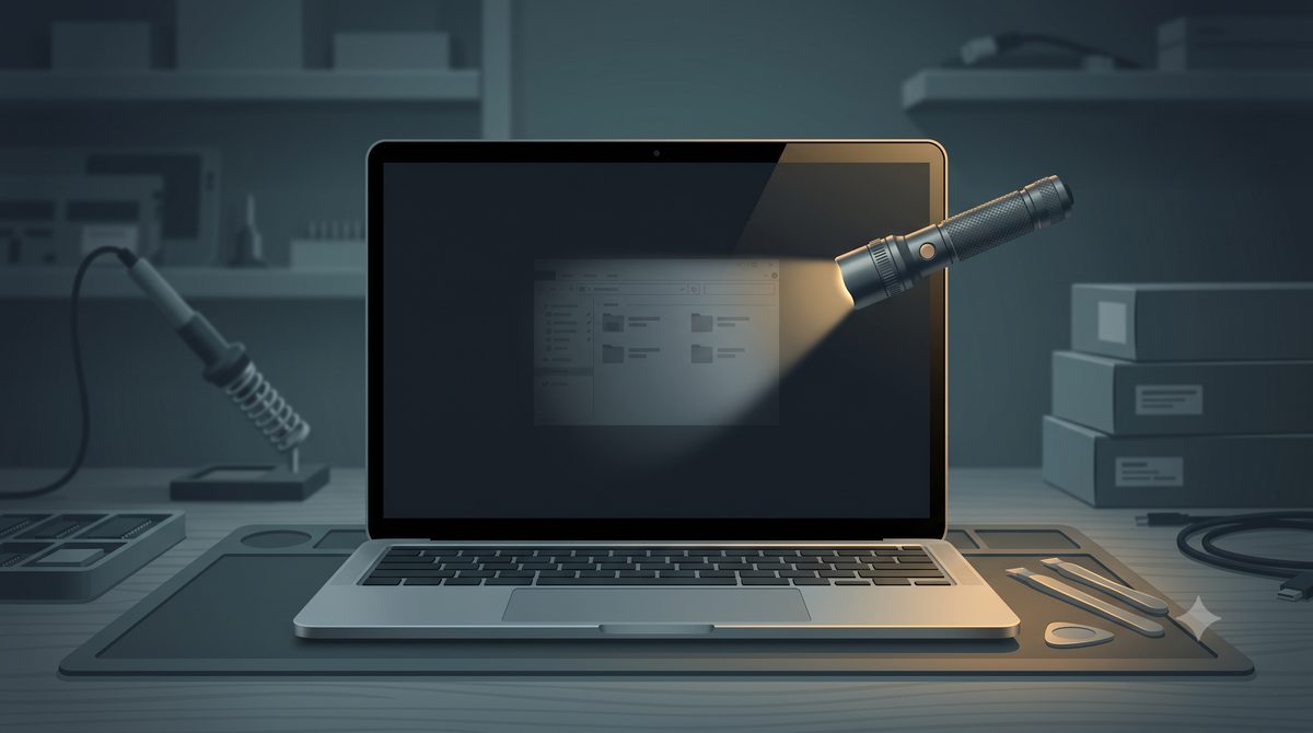 Illustration of the torch test revealing a laptop backlight fault