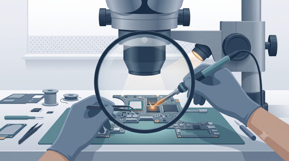 Illustration of board-level data recovery transplanting a laptop's storage and CPU
