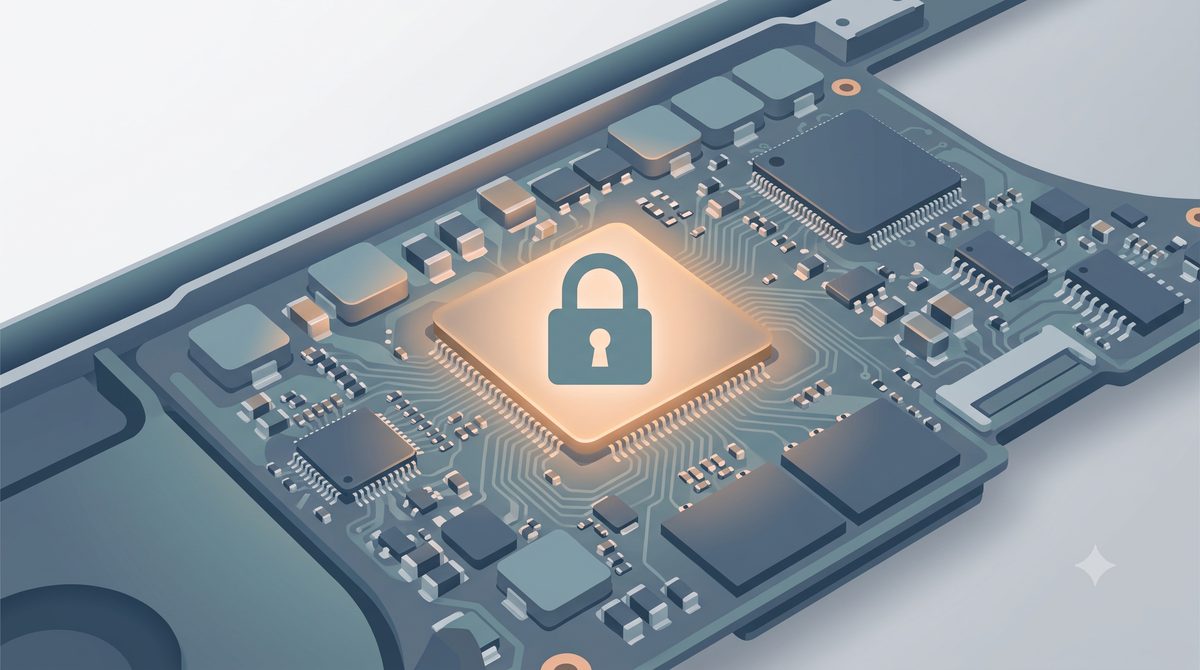 Illustration of a laptop's soldered, encrypted storage chip on the board