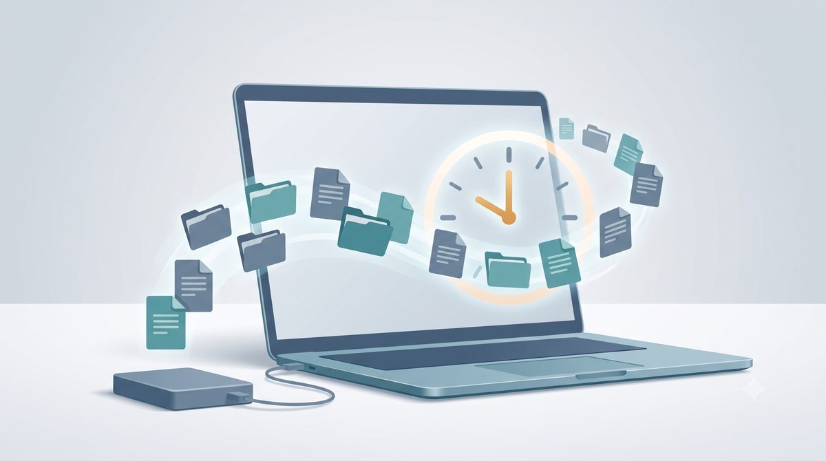 Illustration of a laptop restoring from a time-based backup drive