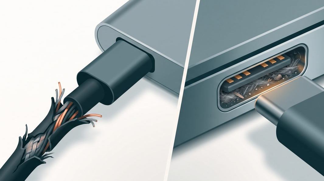 Illustration of checking a laptop charging cable and a clogged port