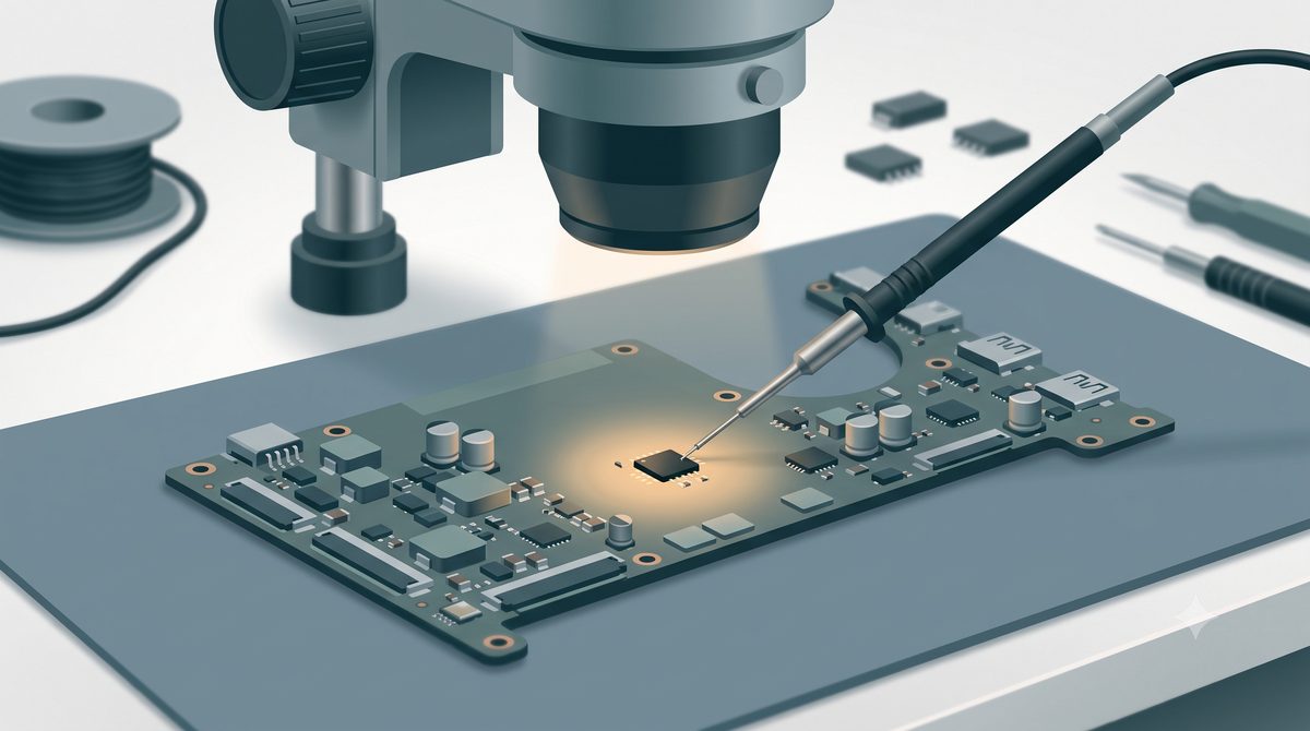 Illustration of a laptop charging chip being repaired on the board
