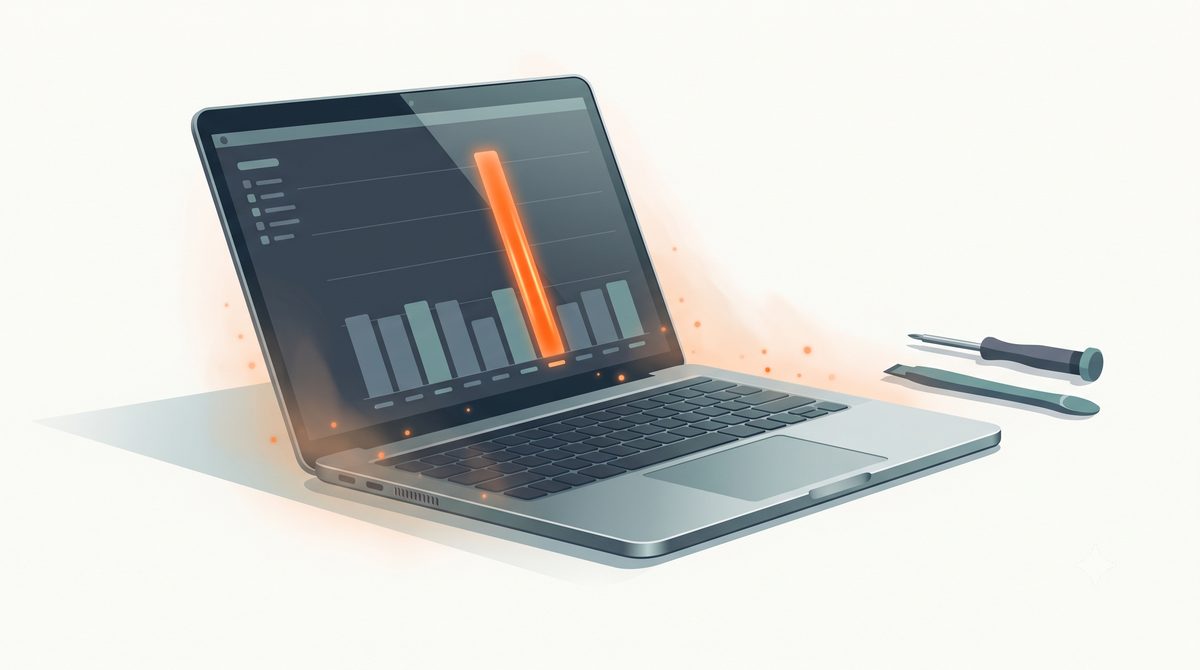 Illustration of a laptop activity monitor showing one heavy process