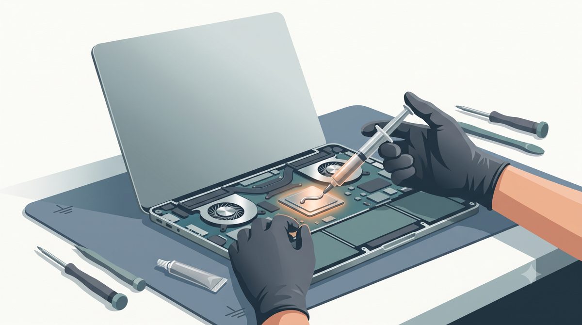 Illustration of cleaning laptop fans and applying fresh thermal paste