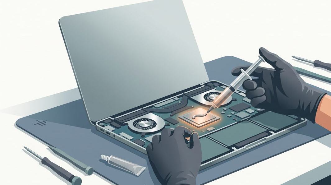 Illustration of cleaning laptop fans and applying fresh thermal paste