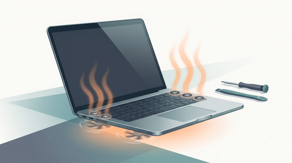 Illustration of an overheating laptop with rising heat and hard-spinning fans