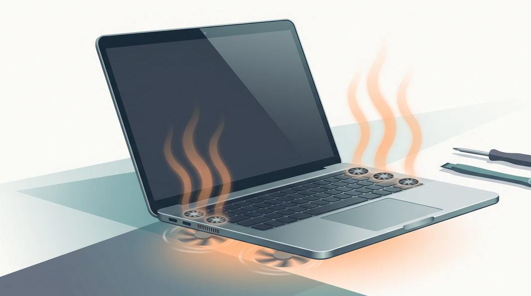 Illustration of an overheating laptop with rising heat and hard-spinning fans