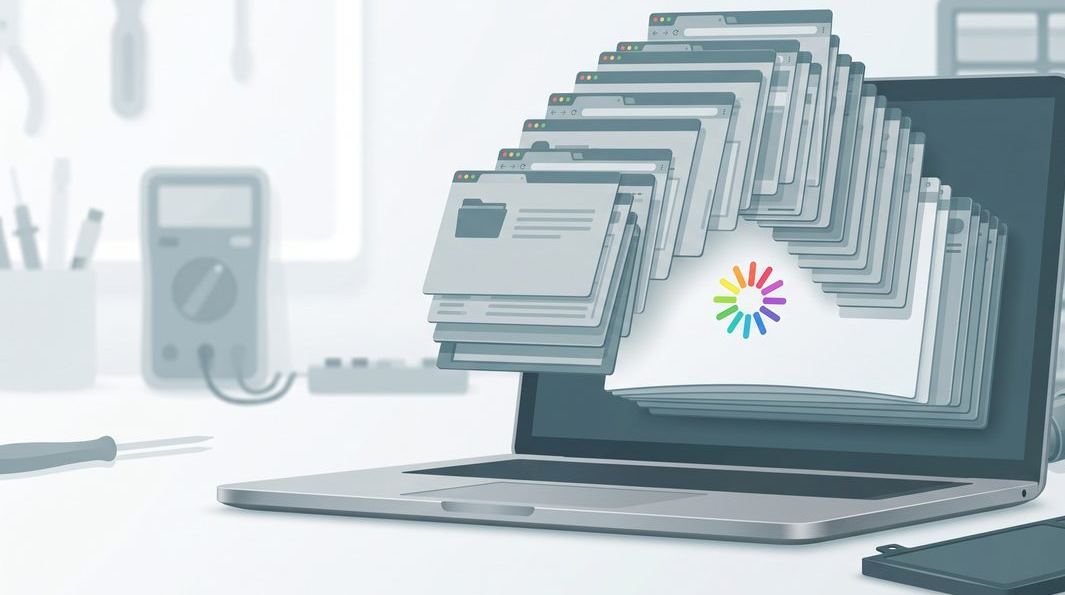 Illustration of a slow laptop with a spinning wait cursor and heavy apps