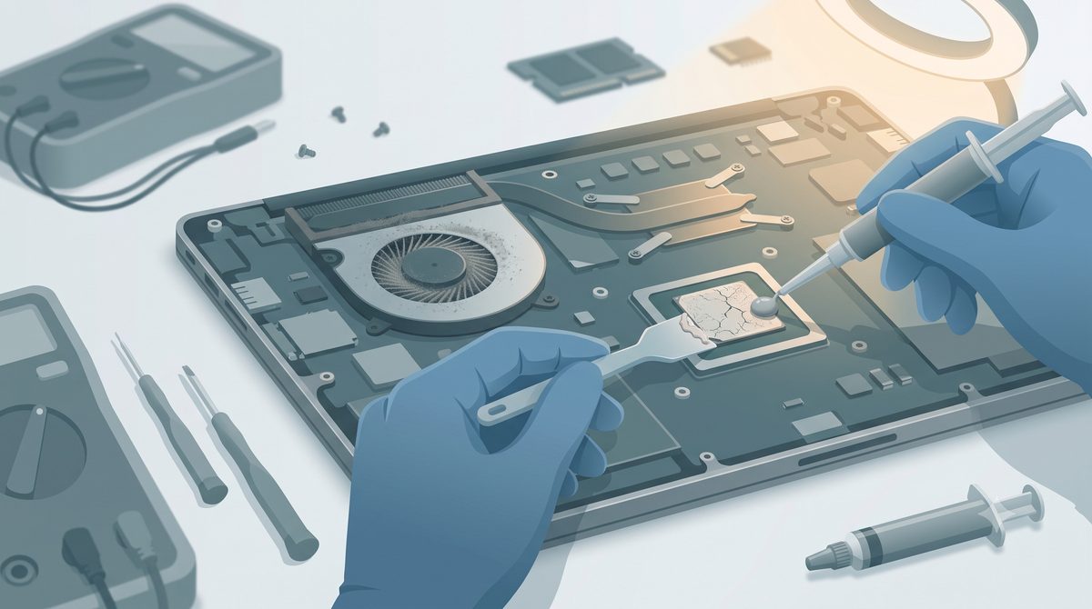 Illustration of refreshing a laptop's fan and thermal paste to stop throttling