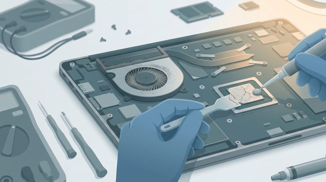 Illustration of refreshing a laptop's fan and thermal paste to stop throttling
