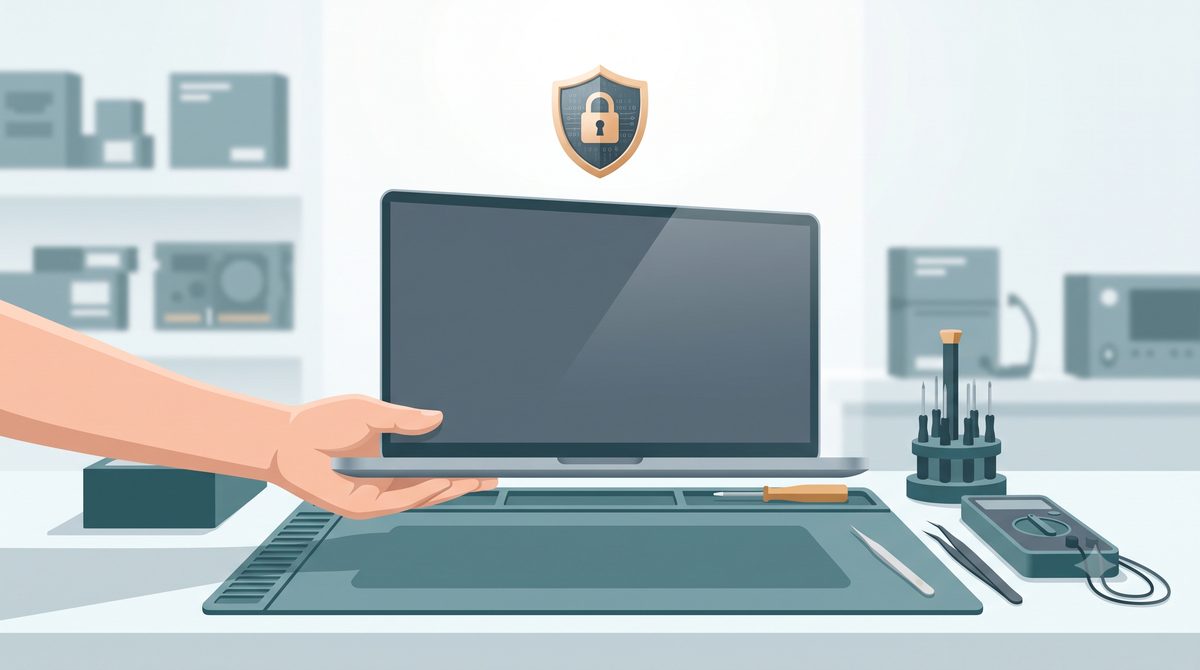 Illustration of securing a laptop's data before service or resale