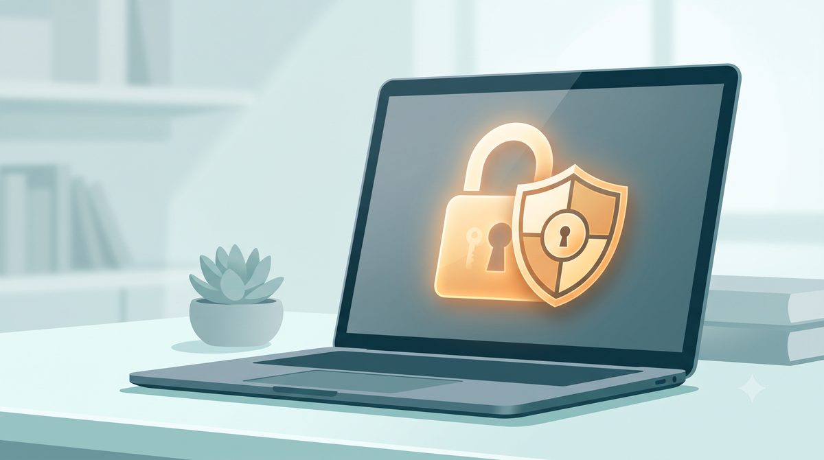 Illustration of a laptop protected by full-disk encryption and a padlock