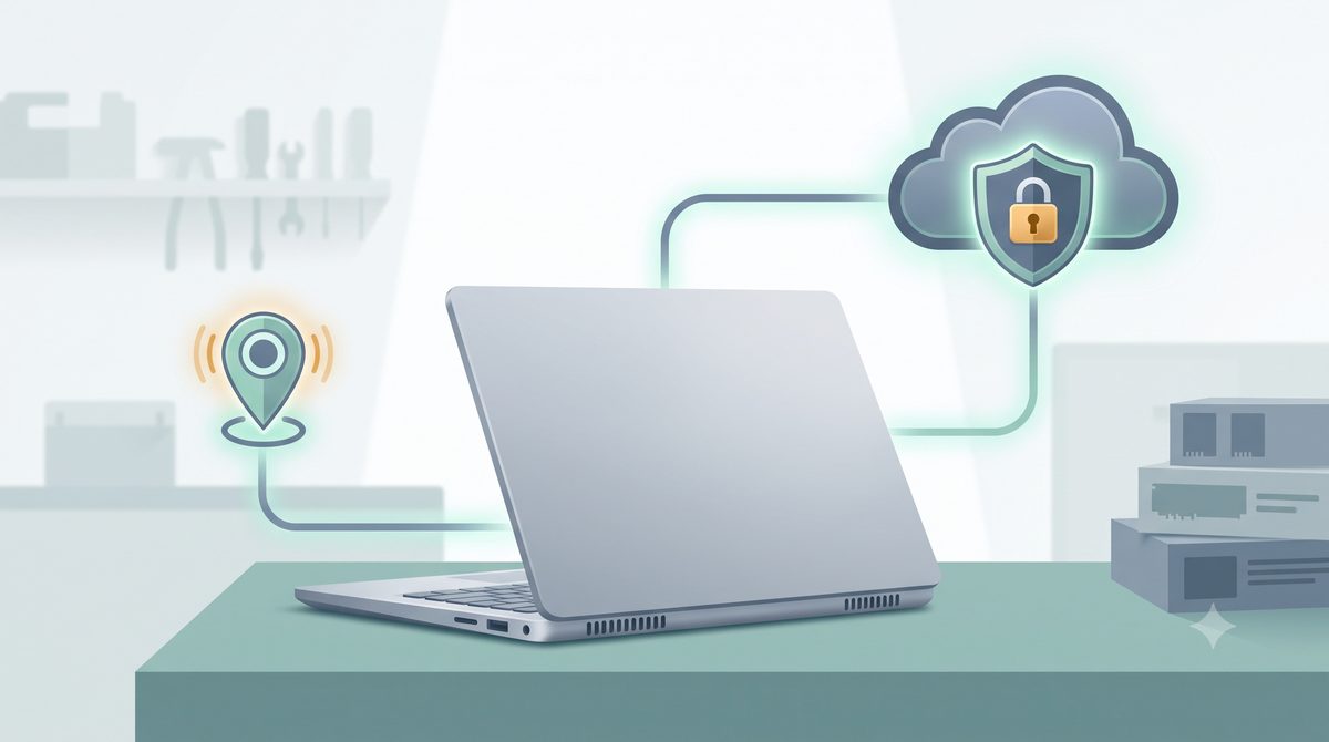 Illustration of a laptop with secure cloud backup and a find-my beacon