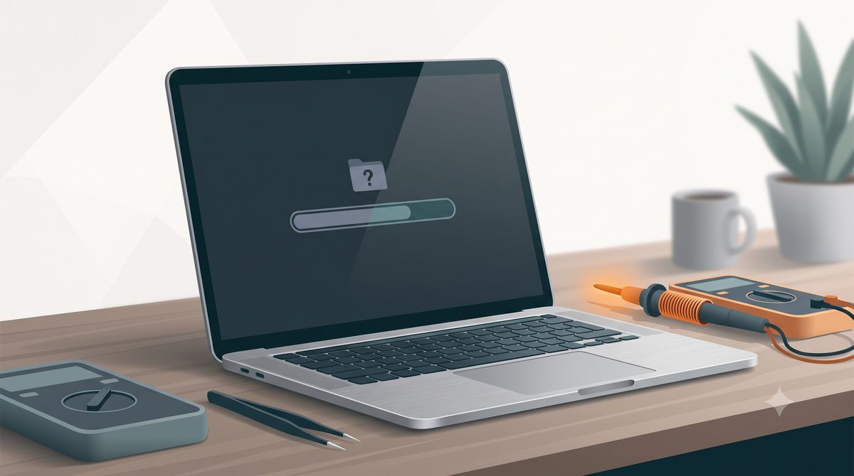 Illustration of a laptop stuck on a loading progress bar with a question-folder icon