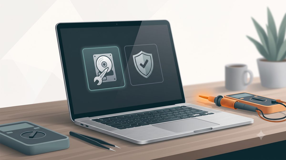 Illustration of a laptop recovery menu with disk repair and safe mode