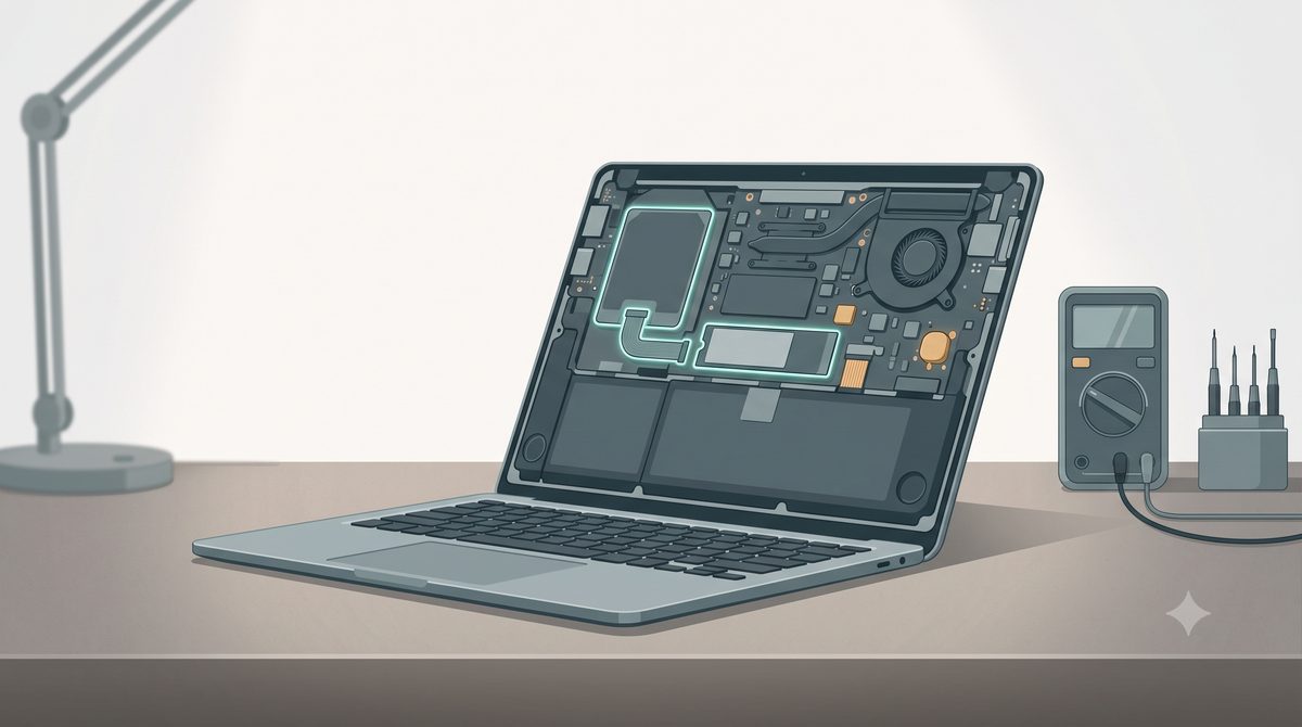 Illustration of checking a laptop's storage and cable on a repair bench