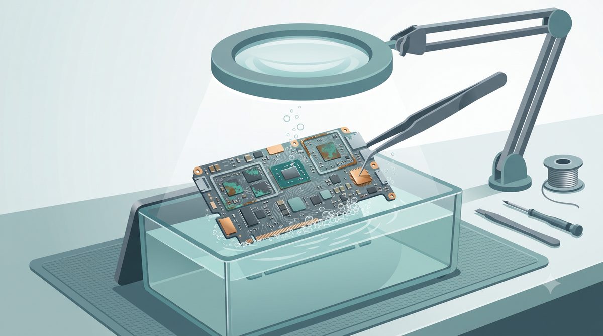 Illustration of a laptop logic board being cleaned of corrosion on a bench