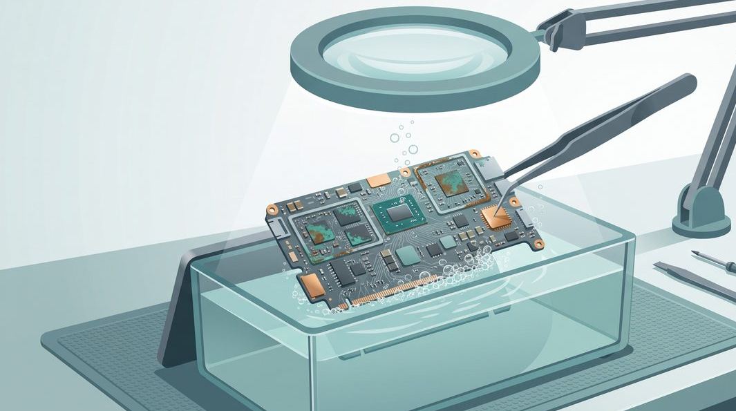 Illustration of a laptop logic board being cleaned of corrosion on a bench