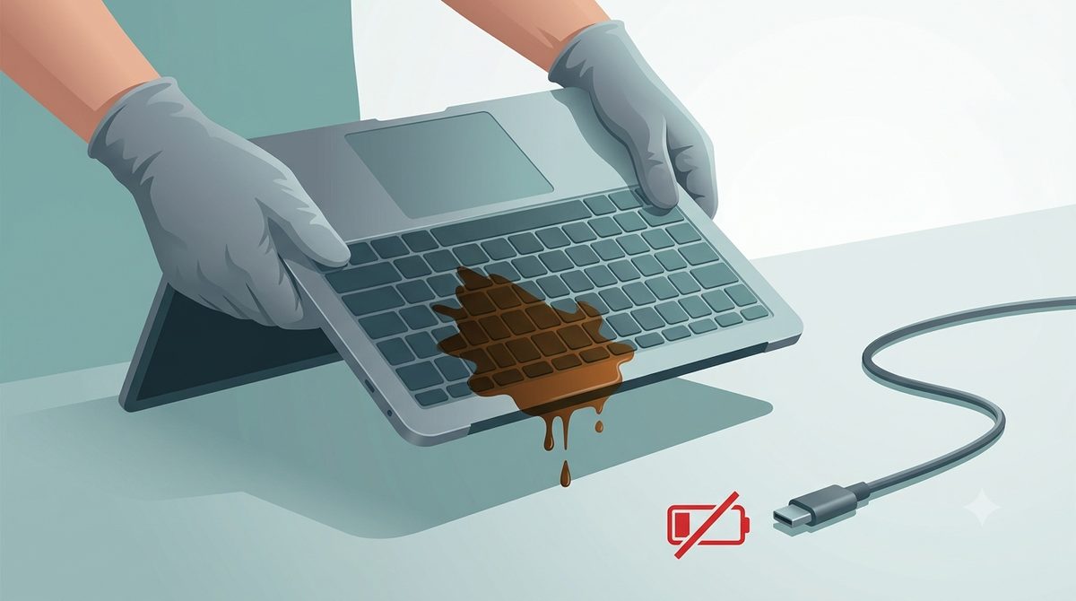 Illustration of powering off and tenting a liquid-damaged laptop, not charging it