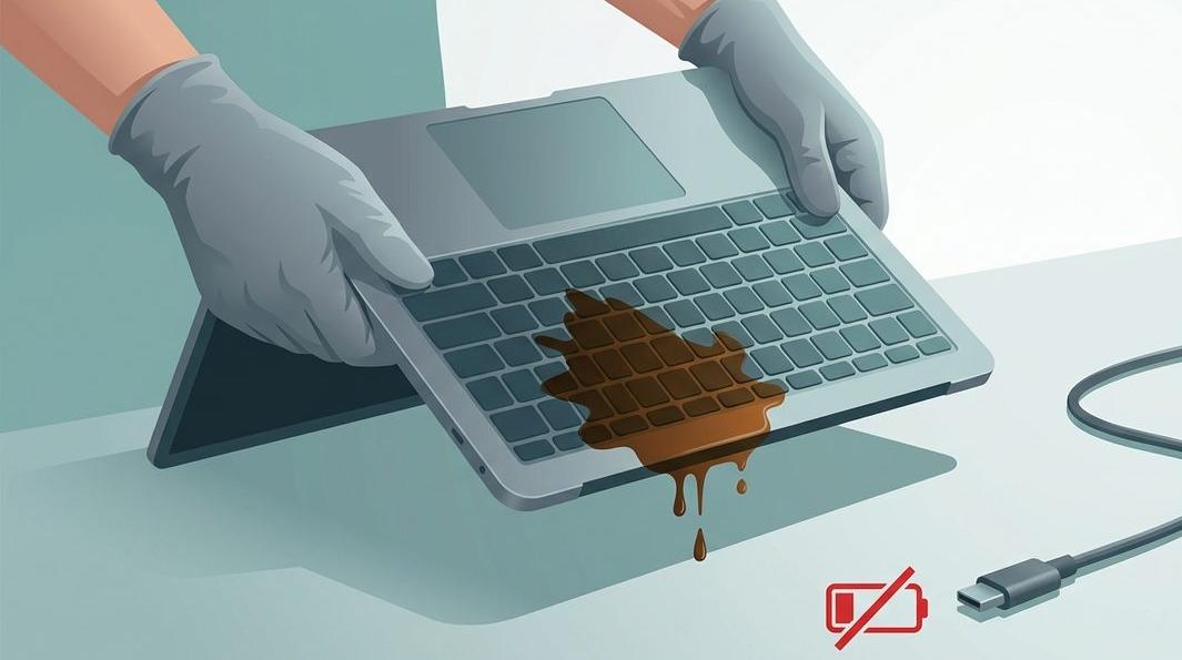 Illustration of powering off and tenting a liquid-damaged laptop, not charging it