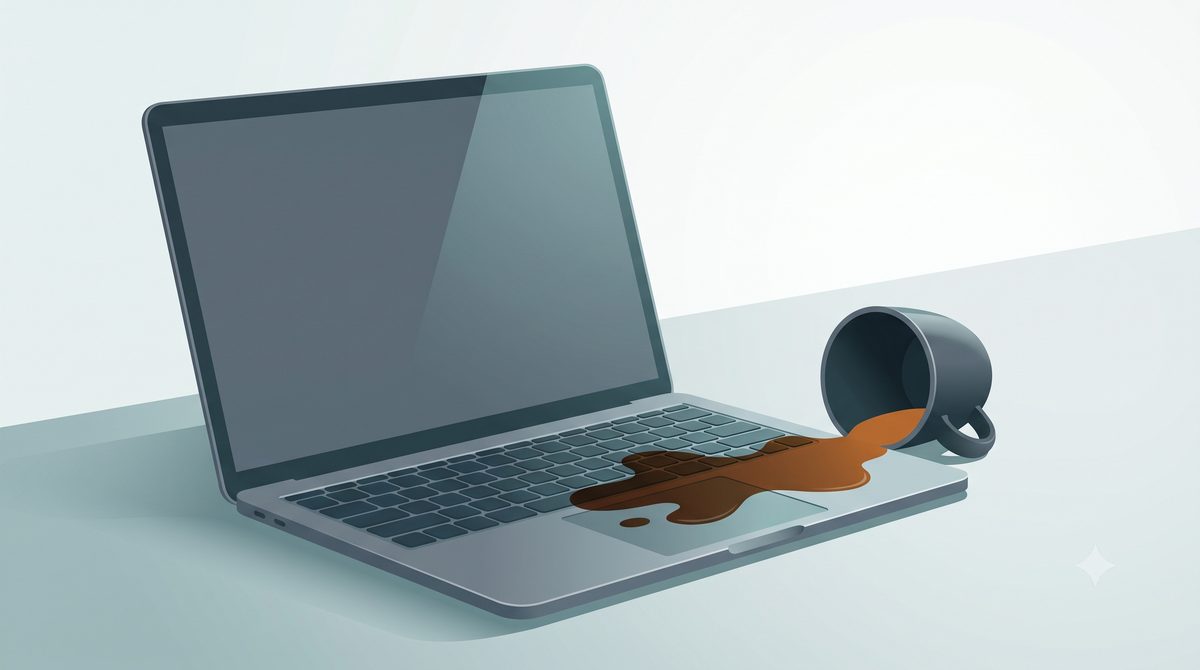 Illustration of a liquid spill spreading across a laptop keyboard