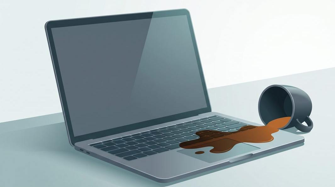 Illustration of a liquid spill spreading across a laptop keyboard