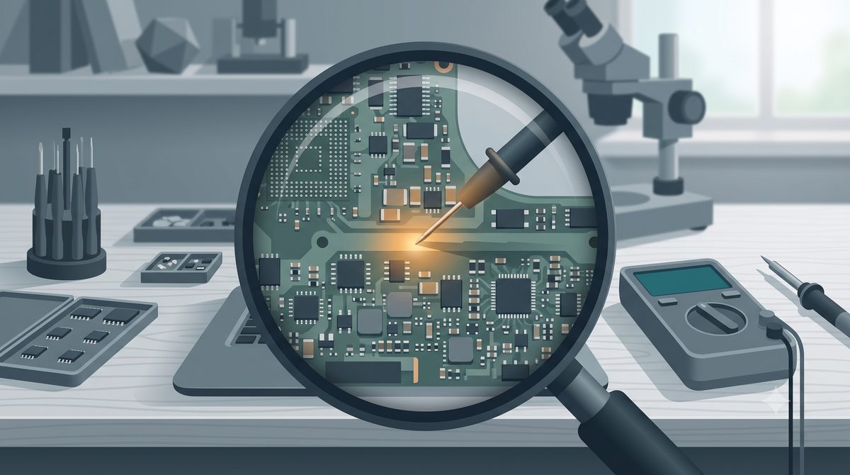 Illustration of probing a laptop's power rail on the board with a meter