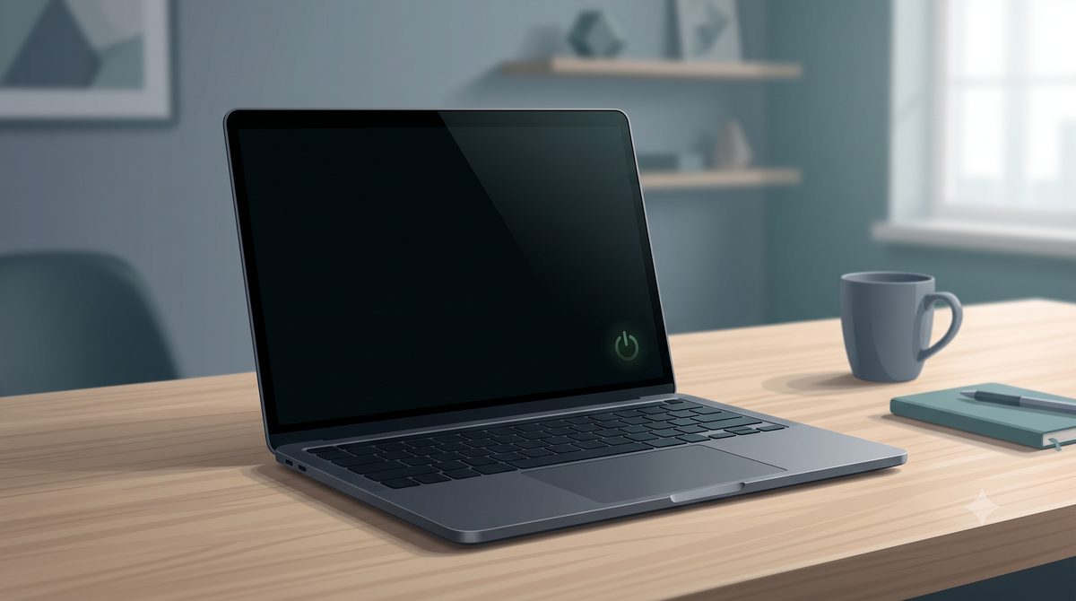 Illustration of a laptop that will not power on with an unlit power symbol