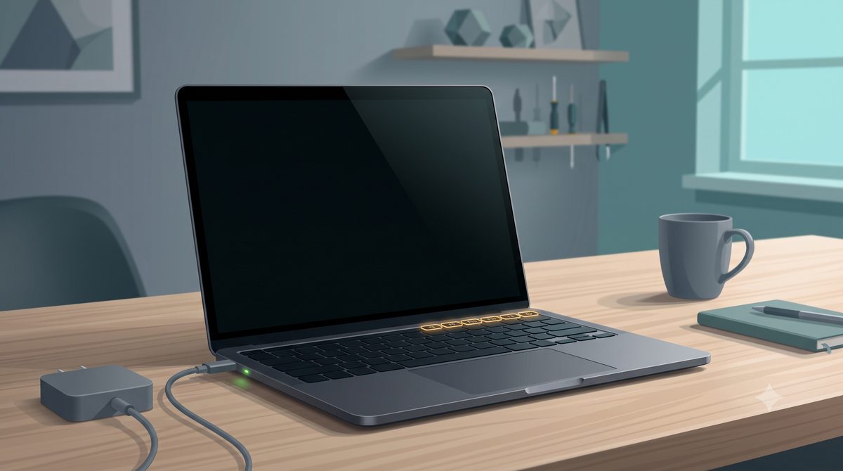 Illustration of first power checks on a laptop: charger, indicator light and reset