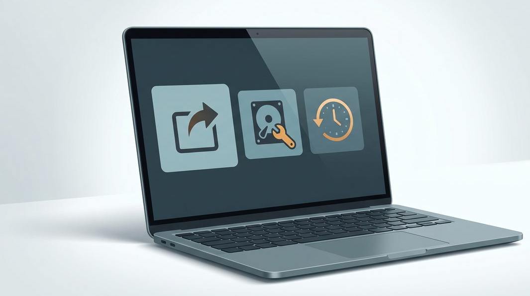 Illustration of a laptop system recovery menu with reinstall and disk options