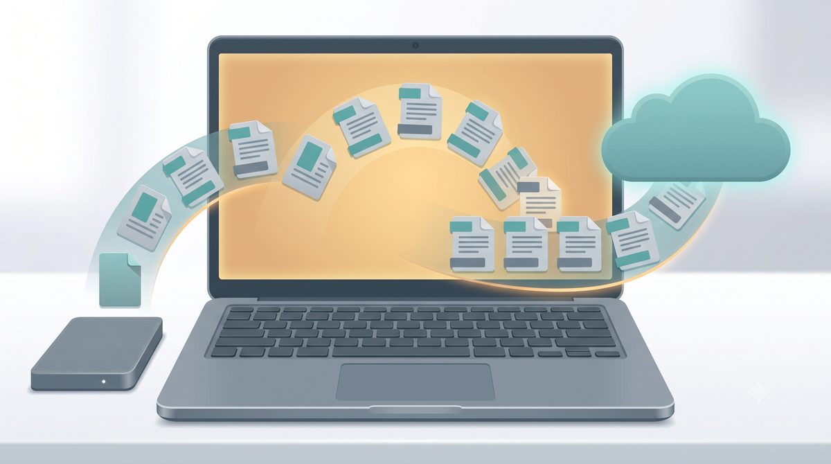 Illustration of restoring files to a laptop from a backup drive and cloud