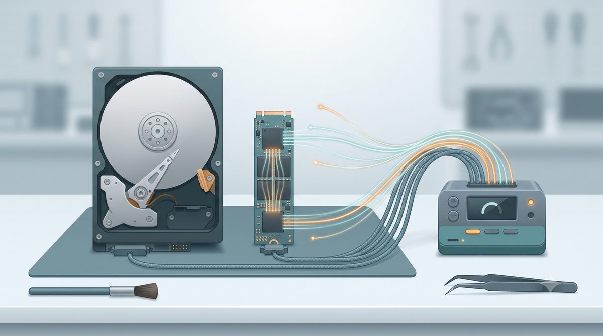 Illustration of professional data recovery from a laptop drive on a bench