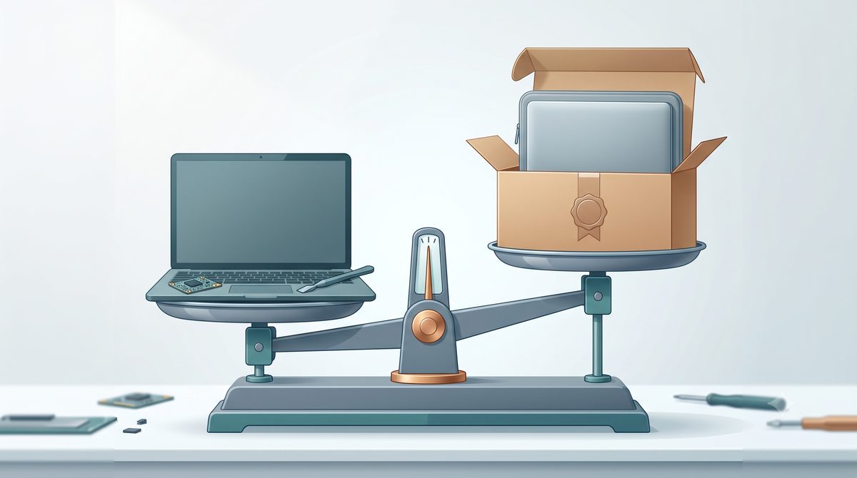 Illustration of a balance scale weighing repairing a laptop against buying new