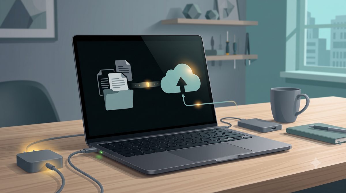 Illustration of backing up a laptop to a drive and cloud before wiping it