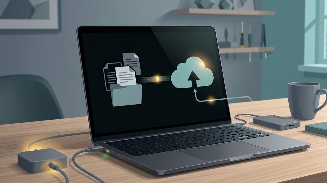 Illustration of backing up a laptop to a drive and cloud before wiping it