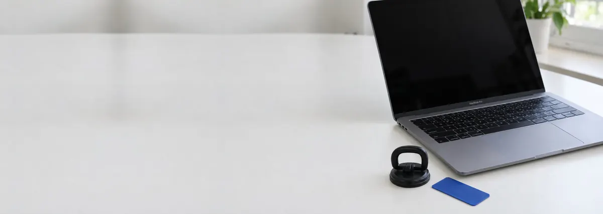 An open Apple MacBook with its screen off beside a suction handle and a pry card on a white bench