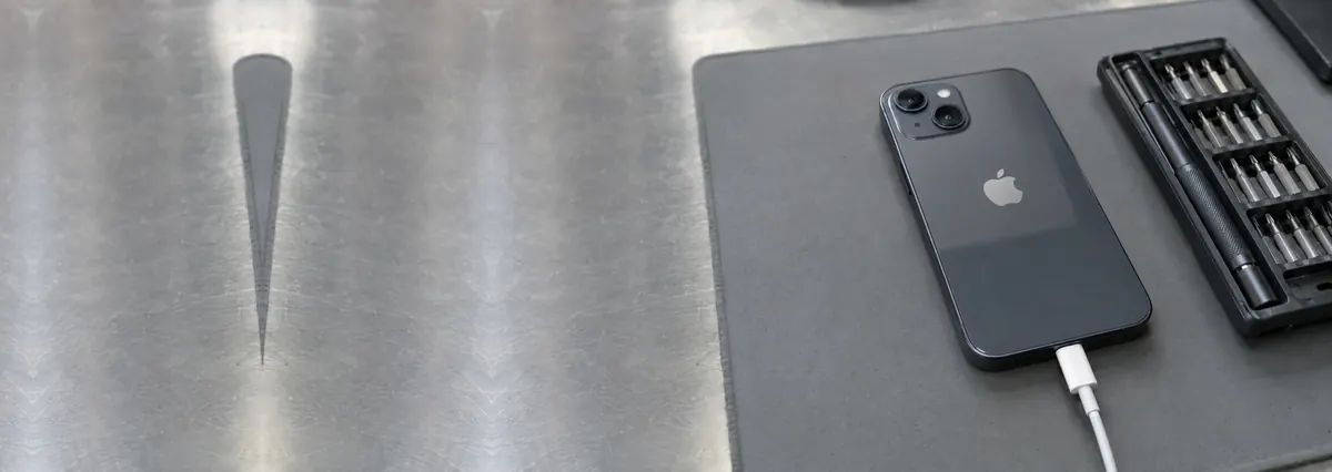 An Apple iPhone lying face-down with a cable plugged in beside a screwdriver set on a grey anti-static mat