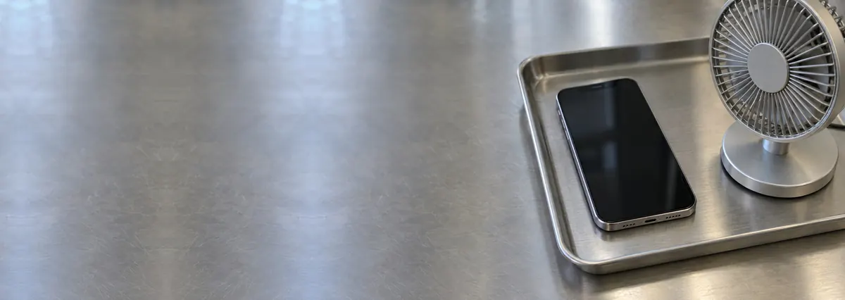 An Apple iPhone on a metal tray beside a small desk fan on a steel workbench