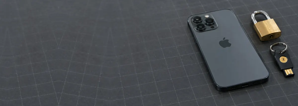 An Apple iPhone lying face-down beside a padlock and a security key on a slate-grey workbench