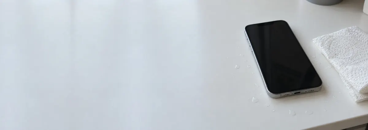 An Apple iPhone with water droplets around it beside a folded paper towel on a white bench