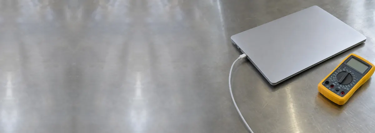 A closed laptop with a charger plugged in beside a multimeter on a steel workbench