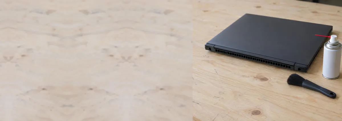 A closed dark laptop seen from its vent edge beside compressed air and a brush on a plywood bench