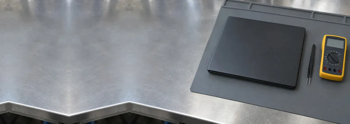 A closed laptop beside tweezers and a multimeter on a grey anti-static mat