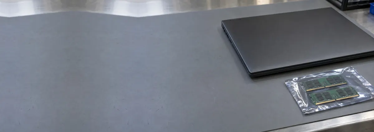 A closed laptop beside two memory modules in an antistatic bag on a grey anti-static mat