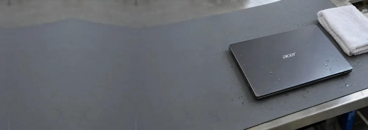 A closed Acer laptop with water droplets on it beside a folded towel on a grey anti-static mat