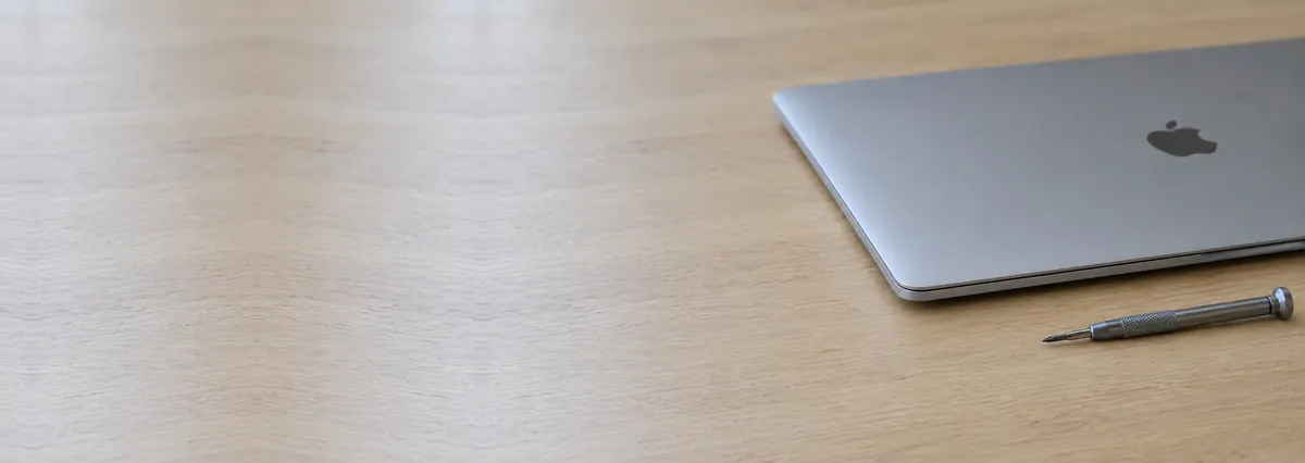 A closed Apple MacBook Air seen from its thin edge beside a screwdriver on an oak desk top