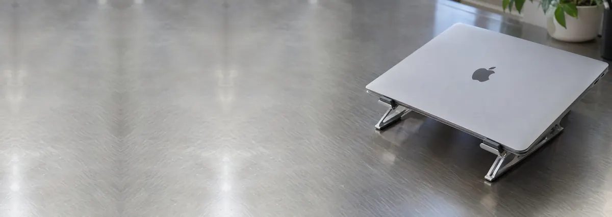 A closed Apple MacBook raised on a folding aluminium stand on a steel workbench